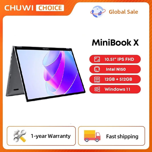 CHUWI MiniBook X N150 nešiojamas kompiuteris, 10.51 colio, 16GB /12GB RAM, 512GB SSD, 2 viename jogos režimas, Intel Windows 11 nešiojamasis kompiuteris, 360° pasukamas, WiFi 6