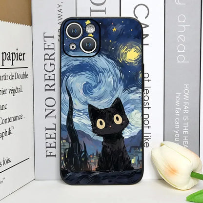 Artistic Black Cat Starry Night Phone Case For iPhone 17 16 15 14 13 12 Pro Max Mini 7 8 SE Plus Couple Cover Soft Shell Fundas