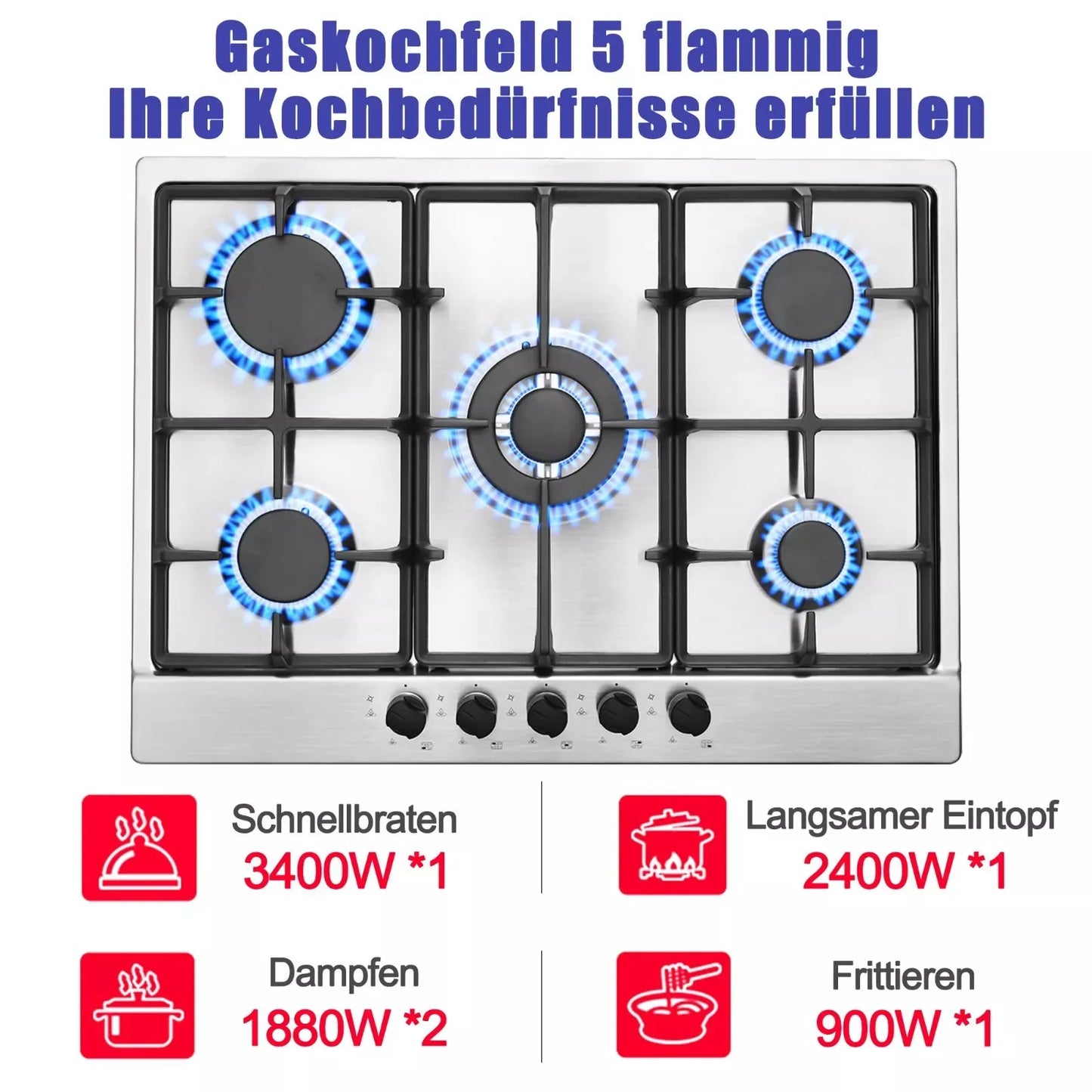 TopStrong 2/4/5 Burner 4200W Stainless Steel Auto Flame Protection Built-in for Natural Gas/Propane, Easy Clean, 30cm‌ Gas Hob