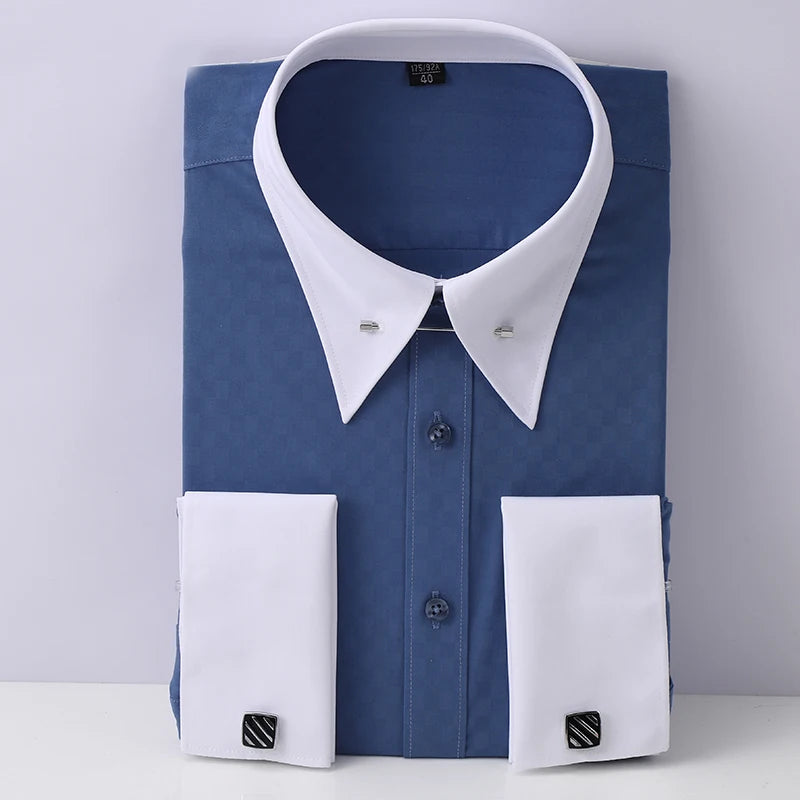Embroidered French Cufflinks Men's Long-Sleeve Shirt with Collar Pins, Big Collar Dress Shirt for Business Formal Wear, Gentlema
