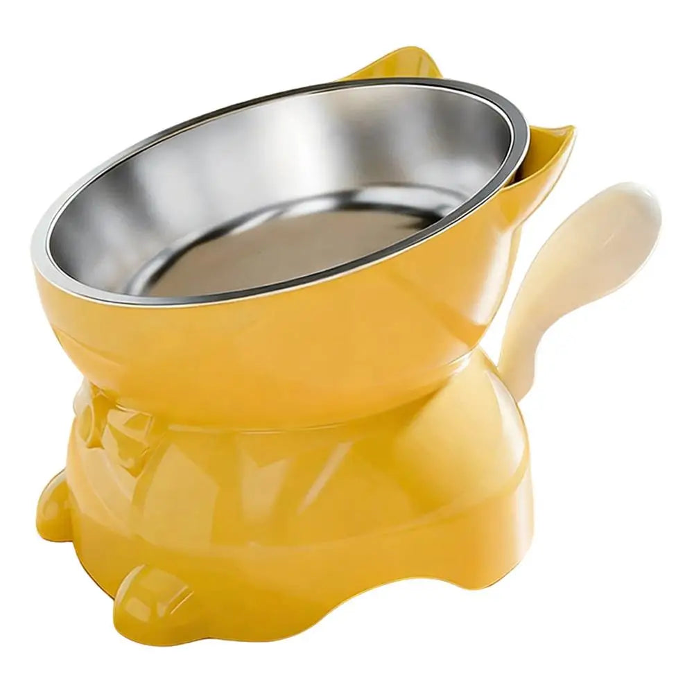 Elevated Stainless Steel Cat Bowl, Inclined Food & Water Dish with Cute Ear Stand, Neck Protection Design for Cats