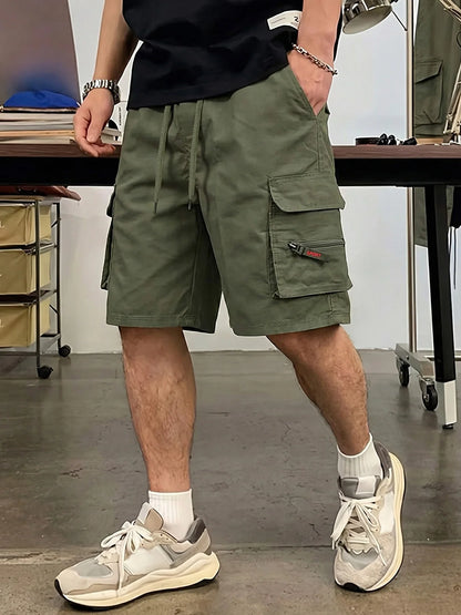 Men's Straight Cargo Shorts Lightweight Breathable Solid Color Drawstring Waist with Zipper Pockets Casual Summer Short Pants