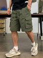 Men's Straight Cargo Shorts Lightweight Breathable Solid Color Drawstring Waist with Zipper Pockets Casual Summer Short Pants