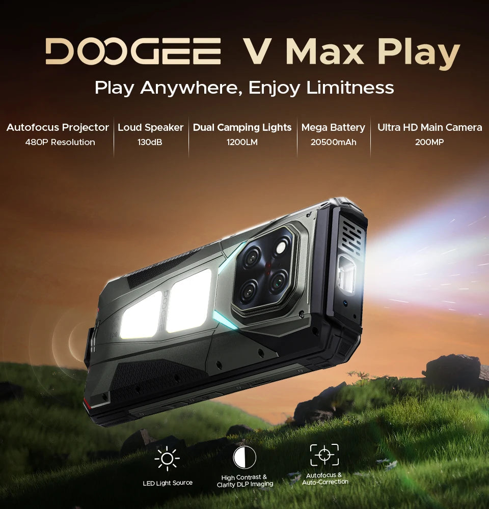 World Premiere DOOGEE V Max Play 5G Projector Rugged Phone 20500mAh Dual Camping Lights Dimensity 7300 16GB+512GB NFC Smartphone