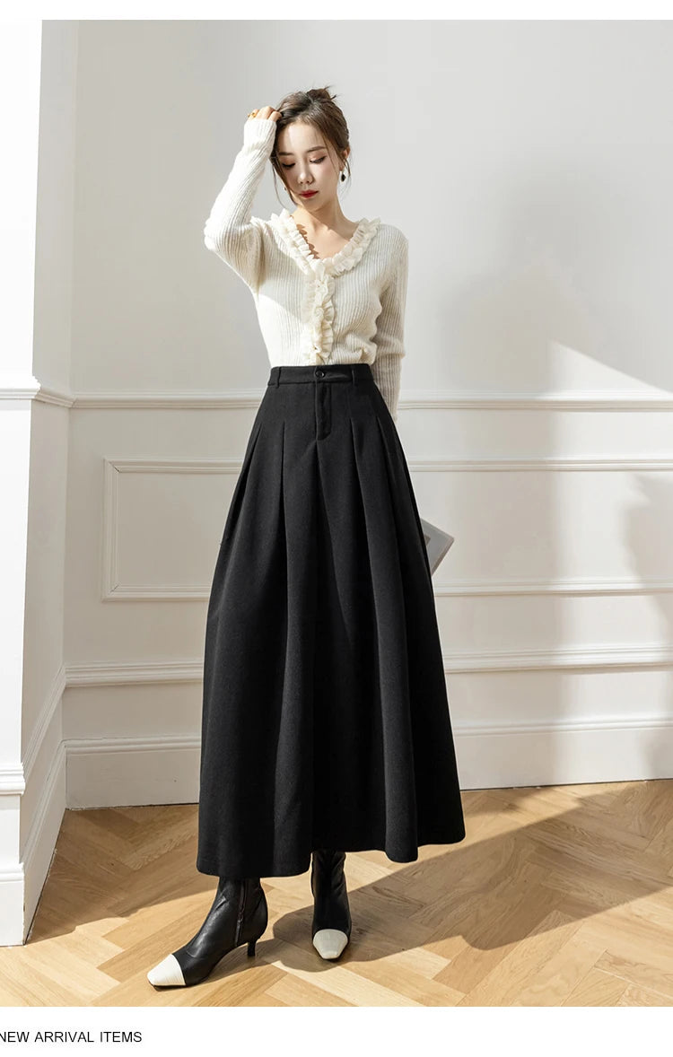 Vintage Winter Woolen Long Skirts For Women Streetwear High Waist Pleated Maxi Skirt Big Swing Folds A-Line Jupe Longues Femme