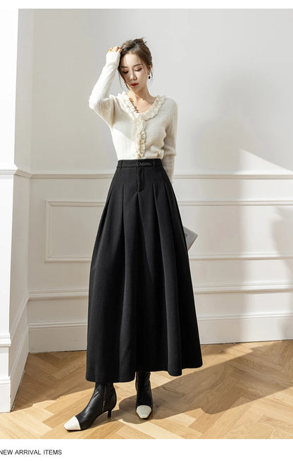 Vintage Winter Woolen Long Skirts For Women Streetwear High Waist Pleated Maxi Skirt Big Swing Folds A-Line Jupe Longues Femme