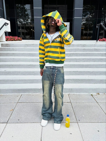 Y2K Street Kid Zip Up Hoodie Stripe Rivet Embroidery Pattern Sweatshirt New Men Hip Hop Fashion Streetwear Unisex Boxy Clothing