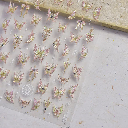 Shiny Jelly Butterfly Charming Golden Gradient Bowknot 5D Self Adhesive Nail Art Sticker Flower Petal Rhinestone Manicure Decals