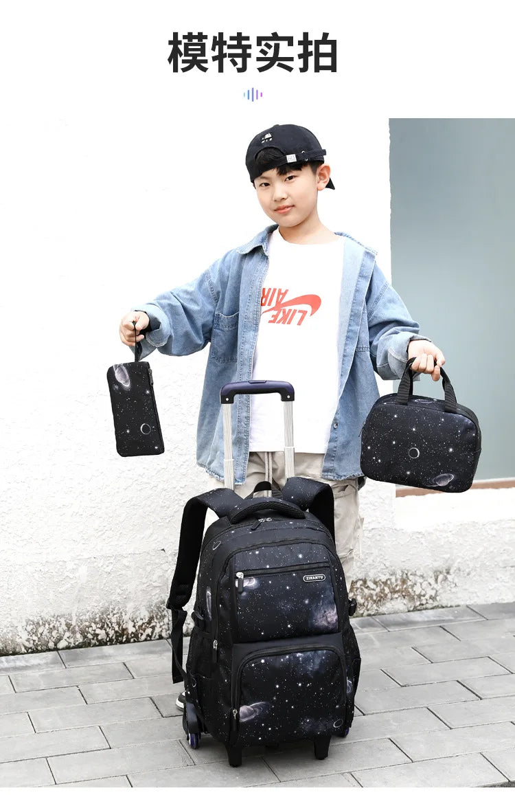 School Bag Kids Rolling Backpack for Boy Wheeled Backpack School Bag With Wheels Trolley Bookbag Carry on Luggage with Lunch Bag