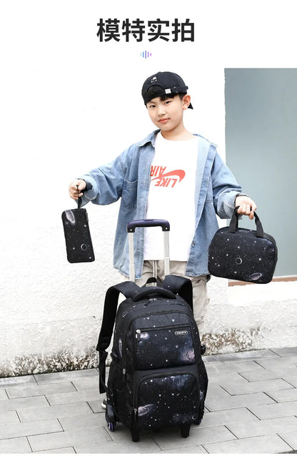 School Bag Kids Rolling Backpack for Boy Wheeled Backpack School Bag With Wheels Trolley Bookbag Carry on Luggage with Lunch Bag