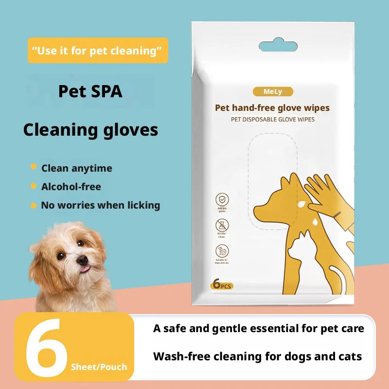 Pet No-Rinse Glove Wipes, 6 Pieces Per Box, 2 Boxes Set, Disposable Deodorizing Grooming Cleaning Gloves for Cats and Dogs
