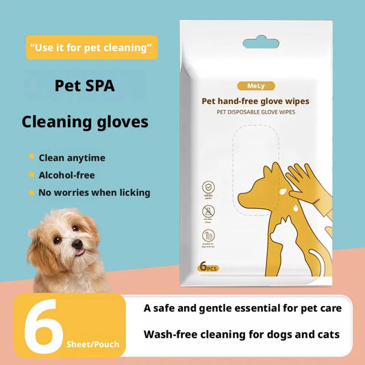 Pet No-Rinse Glove Wipes, 6 Pieces Per Box, 2 Boxes Set, Disposable Deodorizing Grooming Cleaning Gloves for Cats and Dogs