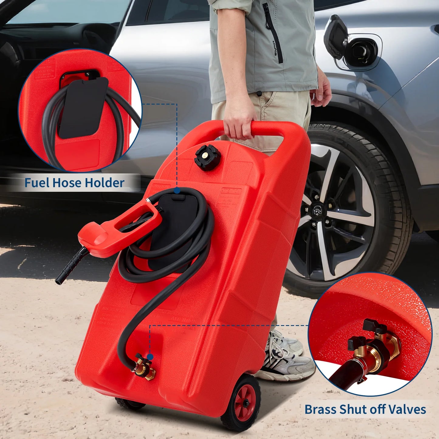 Heavy-Duty 15 Gallon Portable Fuel Caddy – Manual Siphon Pump & 10FT Delivery Hose – On-Wheels Gas & Heavy-duty Transfer Tank – Ideal Tool Storage for Cars, Lawn Mowers, Boats