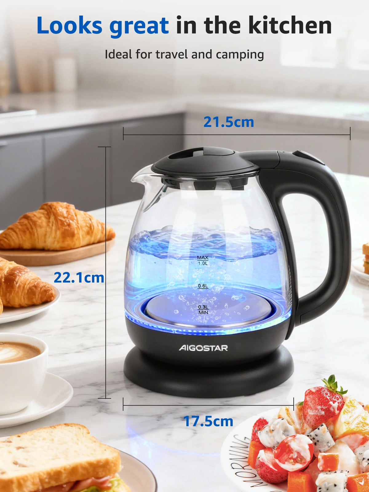 Aigostar Elfin Mini Borosilicate Glass Kettle with LED Lighting, 2200 W, 1 L Capacity, BPA-Free, Fast Boiling, Vacuum Protection