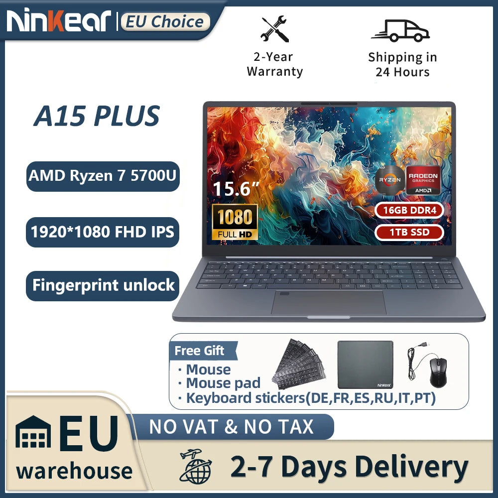 Ninkear A15 PLUS Laptop 15.6" IPS FHD AMD Ryzen 7 5825U Notebook 16G DDR4 +1TB SSD WIFI 6 Windows 11 PRO Office Computer