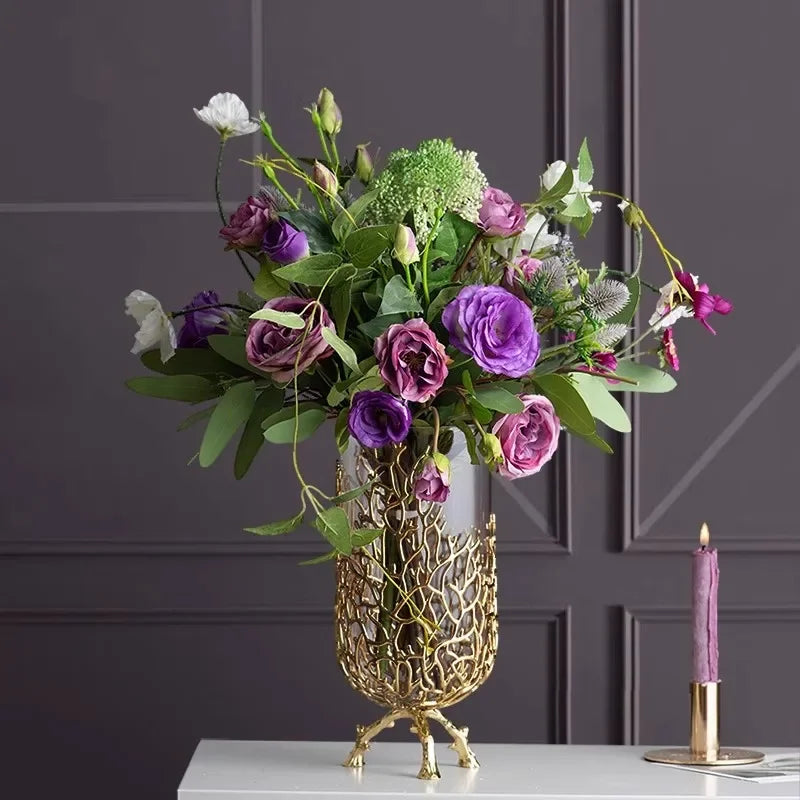 Gold Hollow Coral Vase Transparent Glass Vase Ornament Metal Rack Living Room Hydroponic Flower Arrangement Home Decoration
