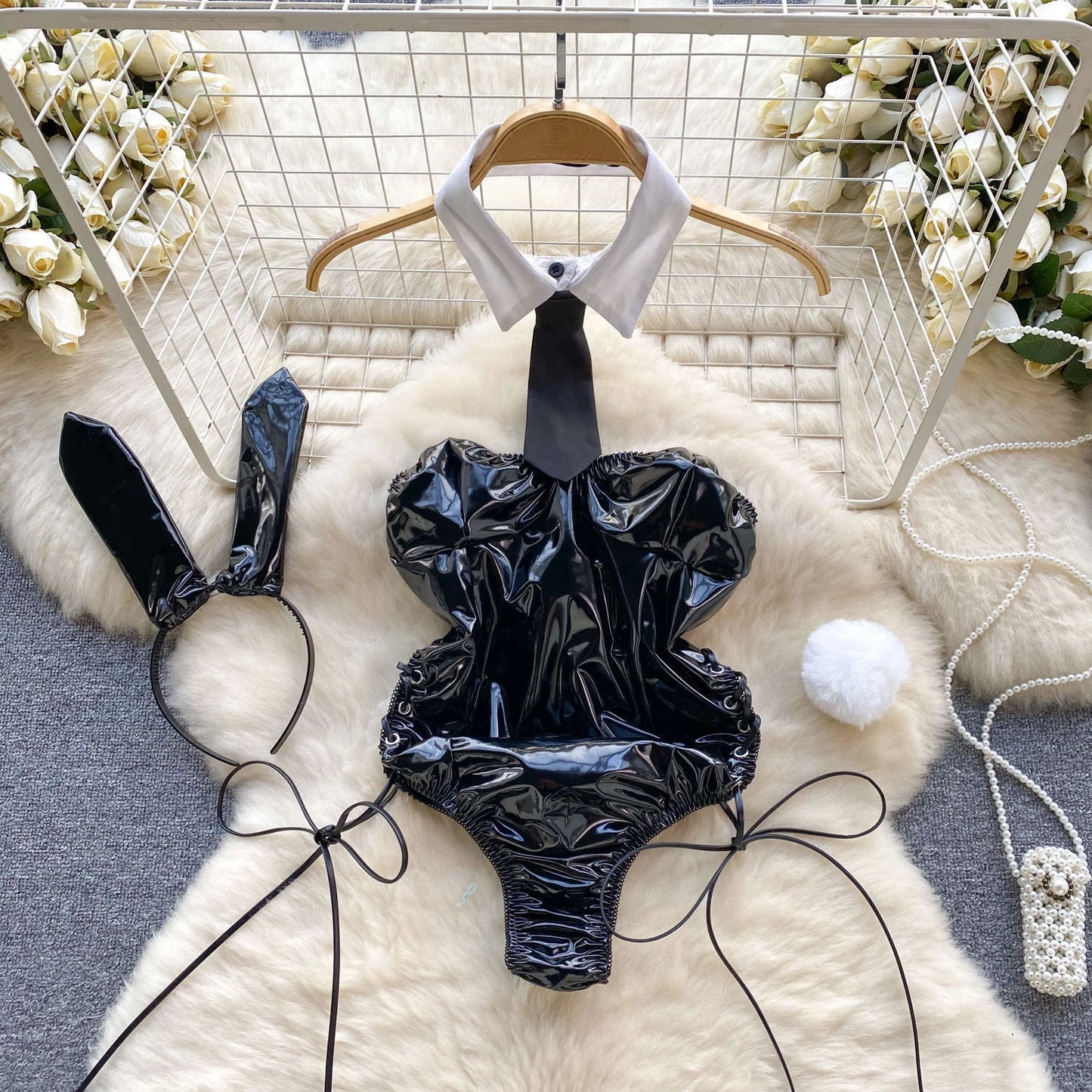PU Leather Rabbit Girl Strapless Strapping Slim Jumpsuit Set Exotic Pornographic Lingerie Party Cosplay Bodysuit Lace-up Sexy