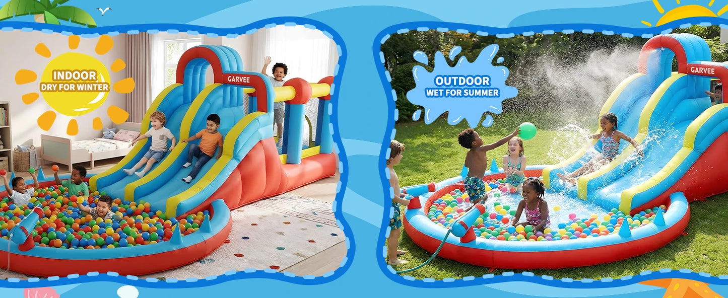Garvee Kids Bouncy Castle with Water Slide, Large Inflatable with Blower, Jumping Area, Water Gun, Splash Pool, Outdoor Slide, Children’s Play Bouncer for Indoor or Outdoor Garden Games, Backyard Toy