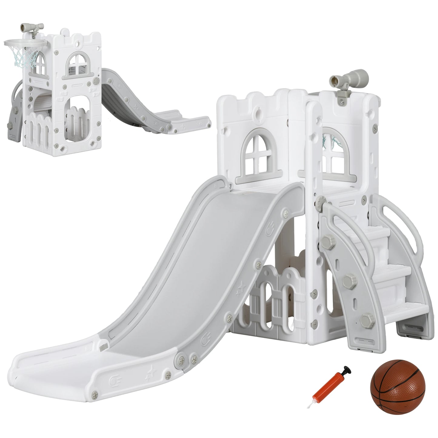 5-in-1 children’s slide, toddler slide with basketball hoop, gray telescopic play gym 70x177x92 cm