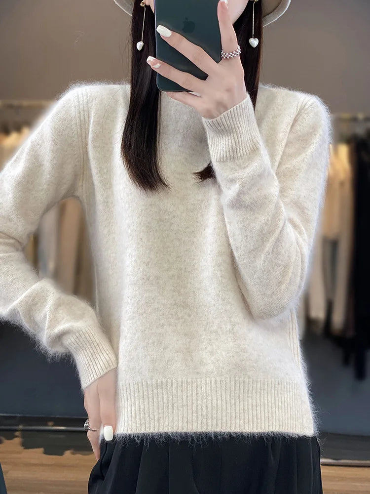 100% Mink Cashmere Sweater Women's Half High Collar Pullover Long Sleeve Cashmere Knitwear Fashion Autumn Winter Female Clothing