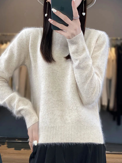100% Mink Cashmere Sweater Women's Half High Collar Pullover Long Sleeve Cashmere Knitwear Fashion Autumn Winter Female Clothing