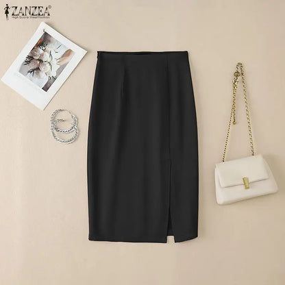 ZANZEA Women's High Waist Pencil Midi Skirt Office Lady Elegant Side Split Bodycon Skirts Casual Solid Color Woman Bottoms S-3XL