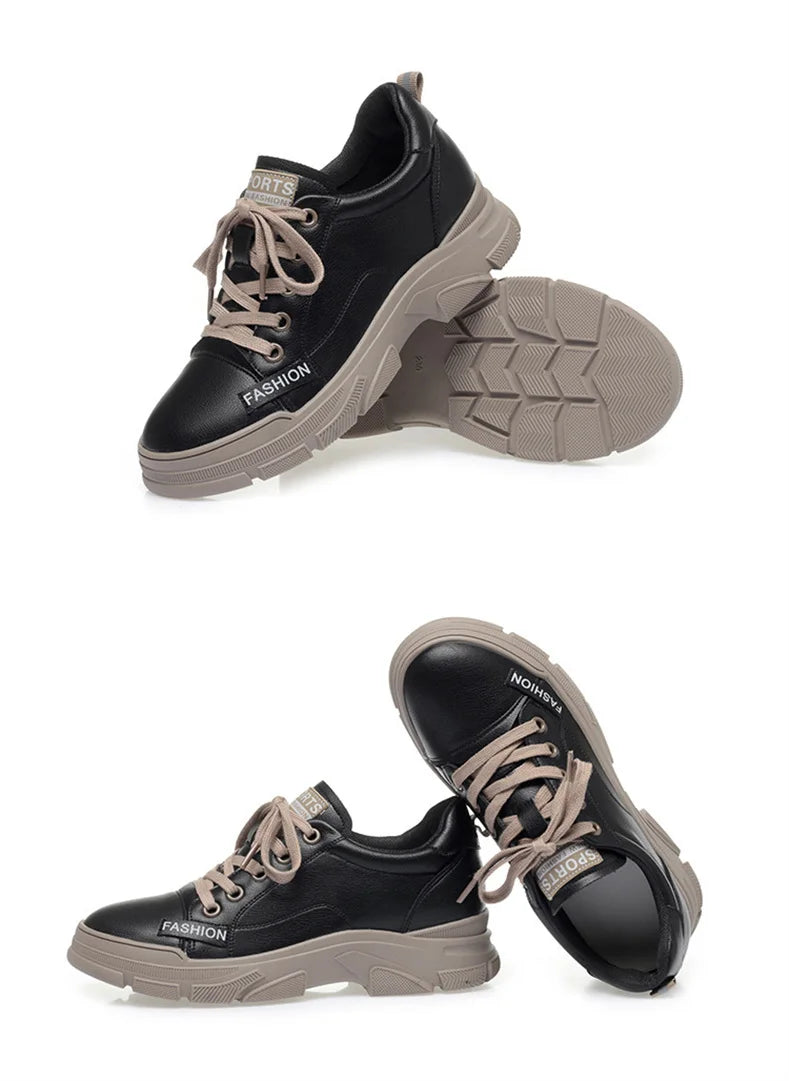 Spring Non-slip Soft Leather Sneaker Trekking Footwear New Women's Thick-soled Lace-up Leisure Skateboard Sports Shoes