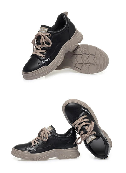 Spring Non-slip Soft Leather Sneaker Trekking Footwear New Women's Thick-soled Lace-up Leisure Skateboard Sports Shoes