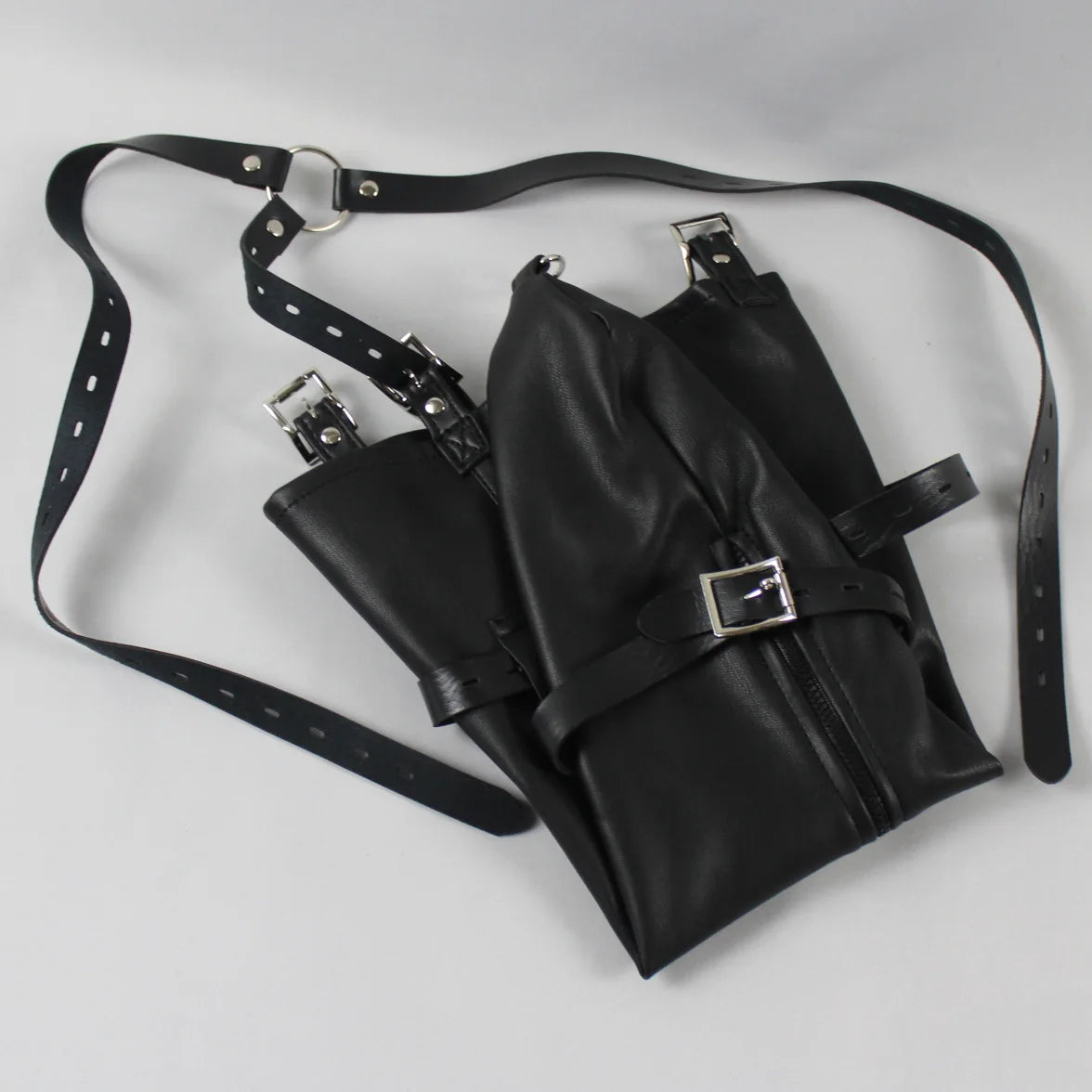 Leather Tight Single Glove Straight Arm Binder Over Shoulder Straps BDSM Bondage Arm Cuffs Zipper Body Harness Adult Roleplay