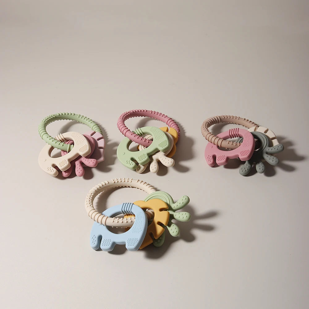 4 In One Baby Silicone Teether Ring BPA Free Rattles Bracelet Food Grade Elephant Cute Octopus Shaped Teething Ring Toys
