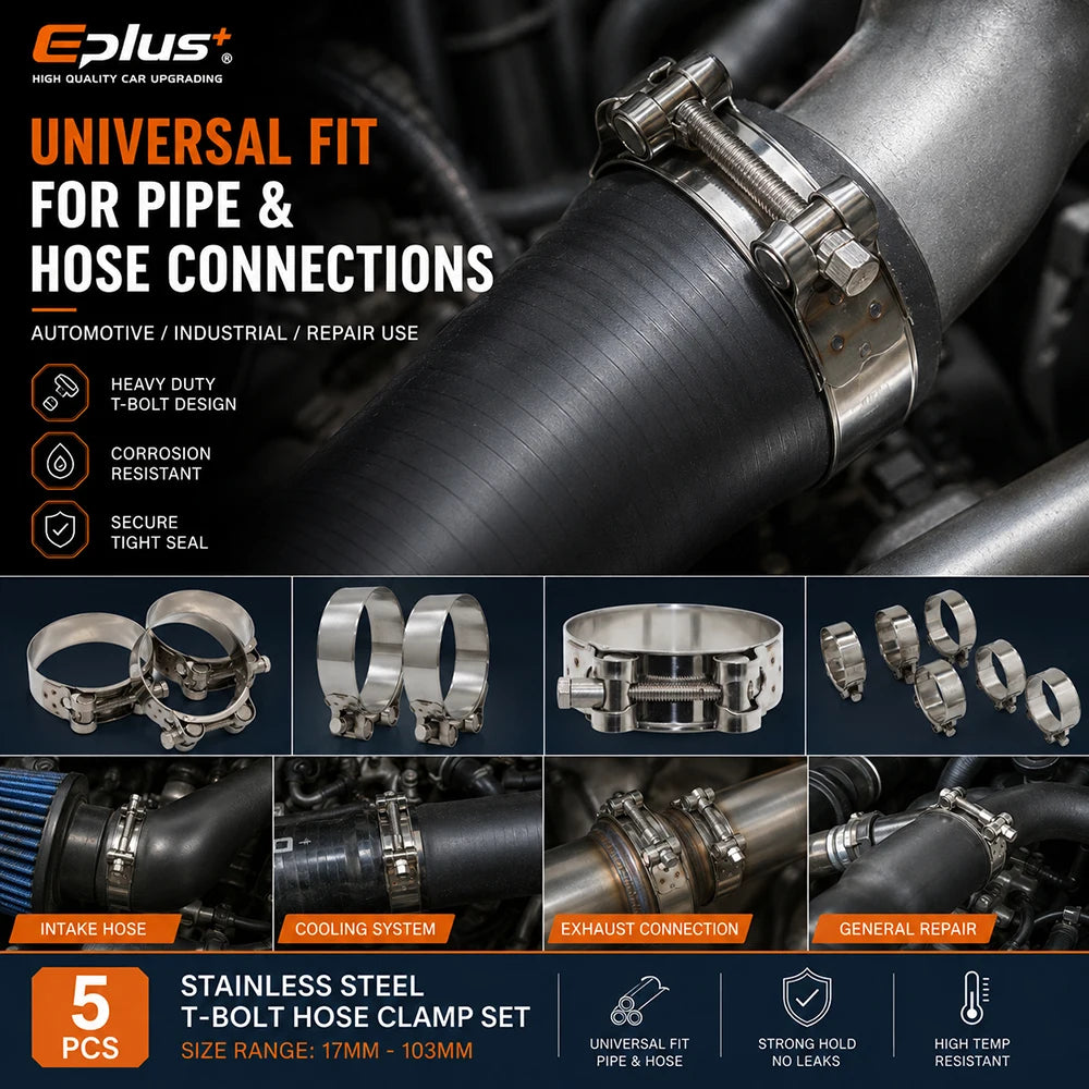 5PCS Stainless Steel European Heavy Duty Hose Clamp Universal T-Bolt Clamp 17-103mm Adjustable for Car Moto & Industrial Pipes
