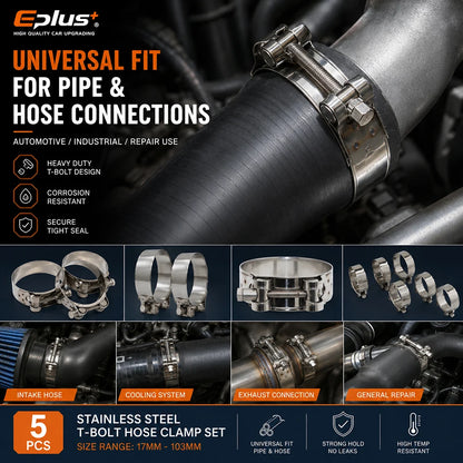 5PCS Stainless Steel European Heavy Duty Hose Clamp Universal T-Bolt Clamp 17-103mm Adjustable for Car Moto & Industrial Pipes