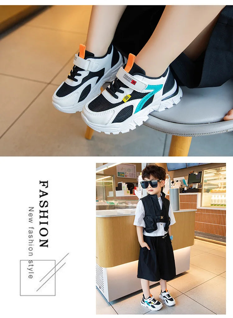 Kid Sneakers Sport Shoes for Boys Fashion Leather Children Breathable Mesh Comfort Shoes Casual Walking Outdoor Running Shoes