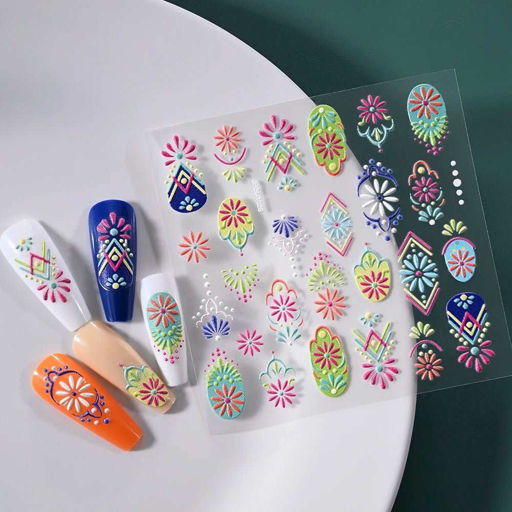 1PC 5D Macaron Flower/Fruit Nail Charms Sticker Embossed Bear/Rabbit/Letter Nails Slider Decals Summer Adhesive Manicure Decor&Y