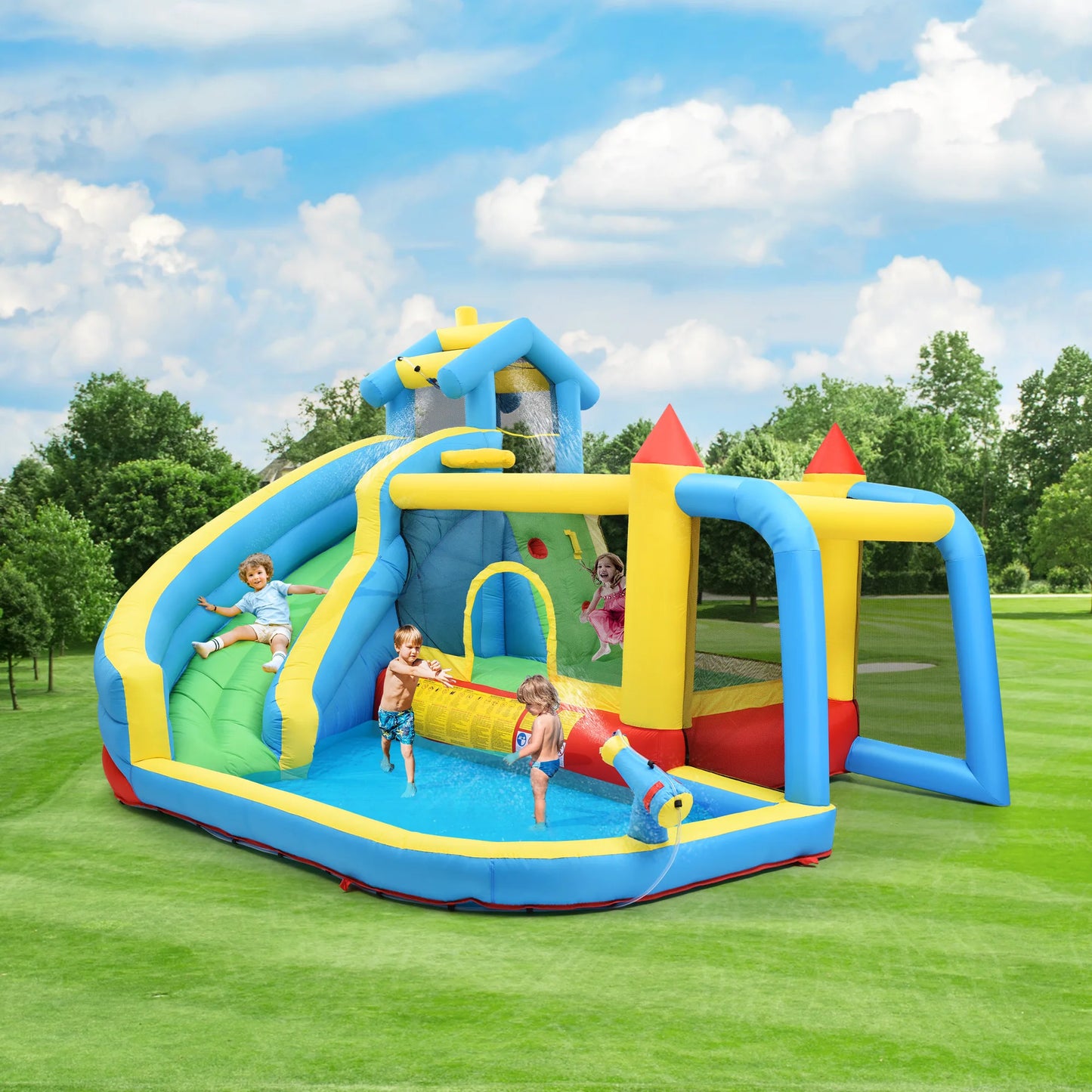 Kids' Bounce House,5 in 1 Inflatable Hopping Castle for Kids 3-10 Years, Outdoor Castle Bouncer with Slide Jump Area Water Pool Football Net