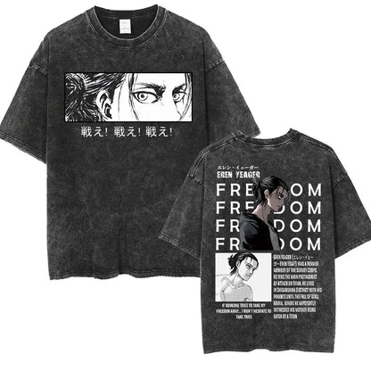 Anime Attack on Titan Vintage Washed Print T-shirt Mikasa Ackerman Eren Jaeger Wings of Freedom Logo Mens Summer Cotton T-shirts