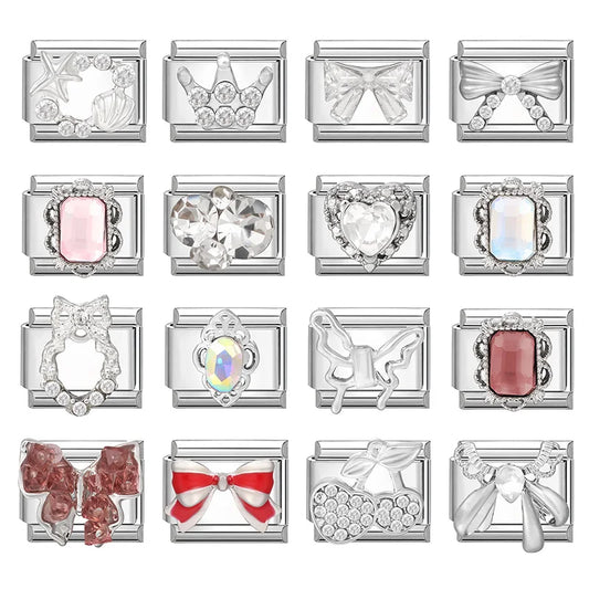 Y2K Butterfly Bow Knot Heart Star Moon Zircon Daisy Cross Italian Charm Links Fit 9mm Stainless Steel Bracelet DIY Making Gifts