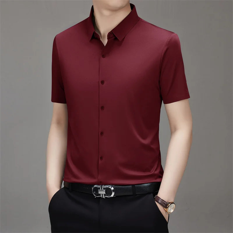 Men's Business Casual Solid Color Short Sleeve Shirt Summer Fashion No Ironing Comfortable Versatile Top for Men