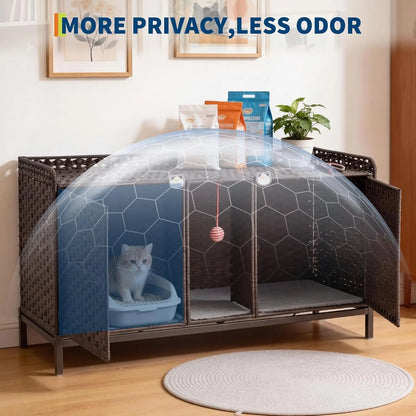 Rattan Cat House Double Cat Litter Box Enclosure Furniture 2 Cats | Double Room Cat Cabinet, with Washable Litter Mat & 2 Hooks, Easy Assembly, 47.2"L x 19.7"W x 23.6"H Walnut