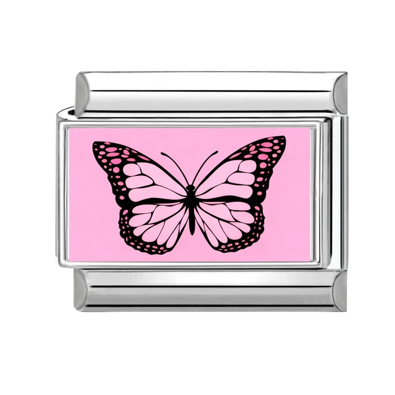 Wholesale Sweet Pink Series Stars Heart Flowers Butterfly Italian Link Fit 9mm Stainless Steel Bracelet Making DIY Charm Jewelry