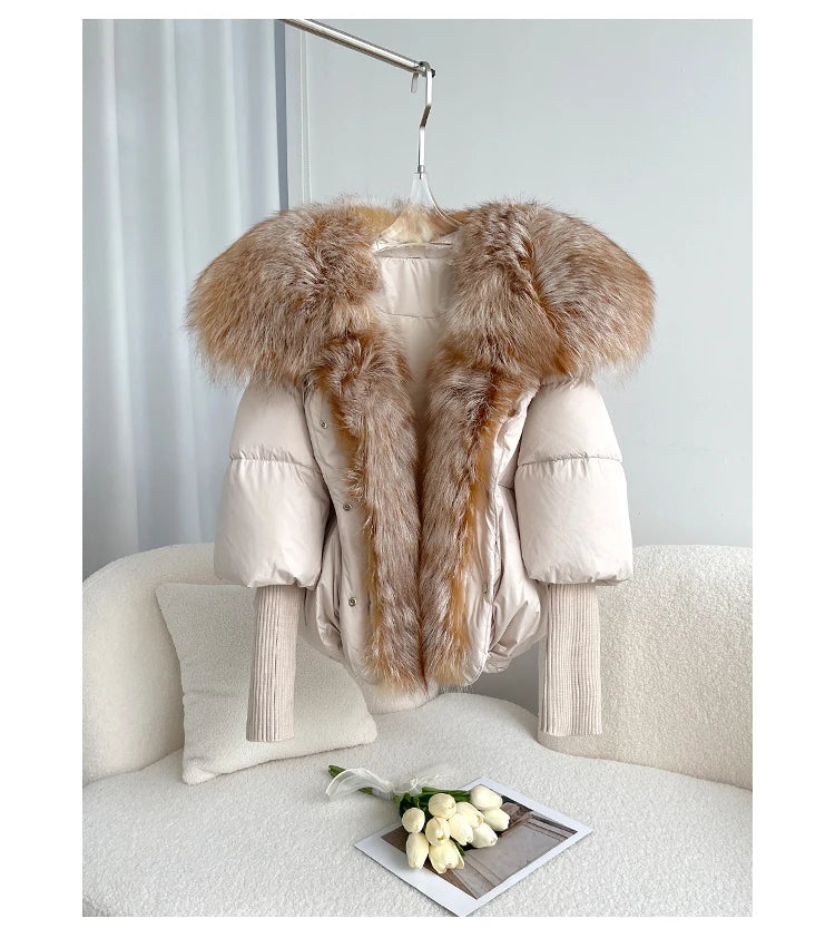 Oversized Winter Warm Real Fox Fur Collar Black Down Coat Women Puffer Outerwear Jackets 2024 Autumn Winter