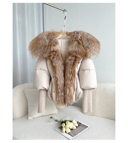 Oversized Winter Warm Real Fox Fur Collar Black Down Coat Women Puffer Outerwear Jackets 2024 Autumn Winter