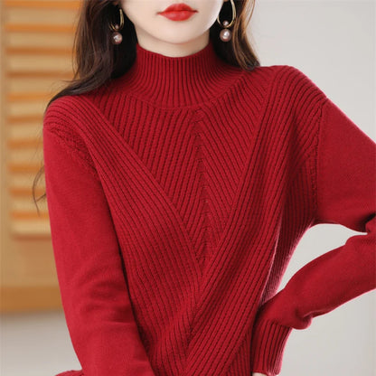 Women 100% Cotton Knit Sweater Half-high Collar Stripe Pullover Autumn Winter Thickened Bottoming Clothing Casual Knitted Tops
