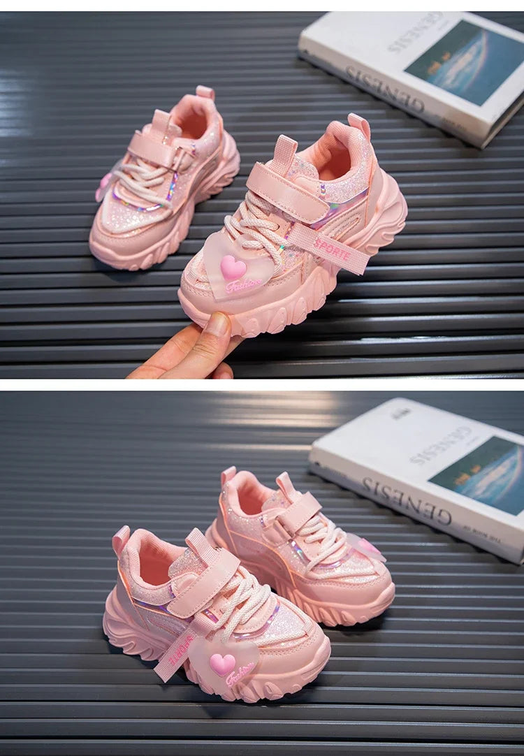 Girls Sports Shoes Kids Running Sneakers for School Fashion Cute Shiny Non-slip Children's Casual Shoes with Heart Spring Autumn