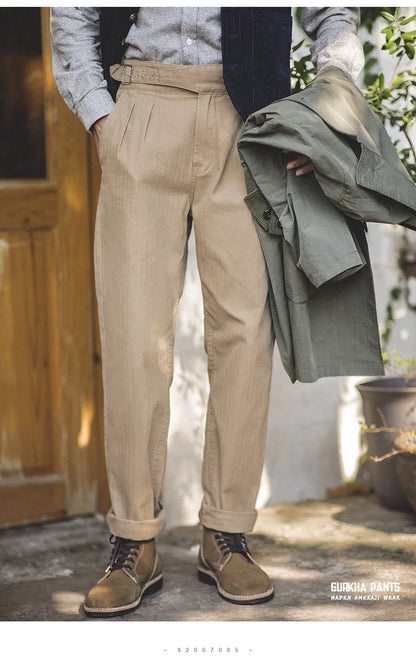 Maden Vintage Khaki Gurkha Pants Adjustable High Waist Casual Cargo Work Pants Classic Straight Trousers Men's Spring and Fall