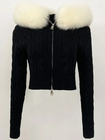 Fashion Natural Fox Fur Collar with Knitted Sweater Women Casual Sweater 2025 New Spring Autumn Slim Fit Elastic Oversized Coat