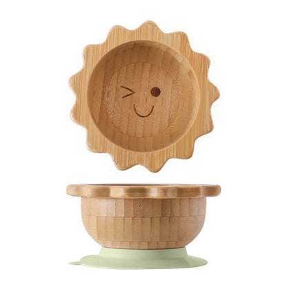 Baby Wooden Tableware Set Wooden Handle Fork Spoon Could Bamboo Wooden Plate Bowl Silicone Suction for Children Feeding Supplies