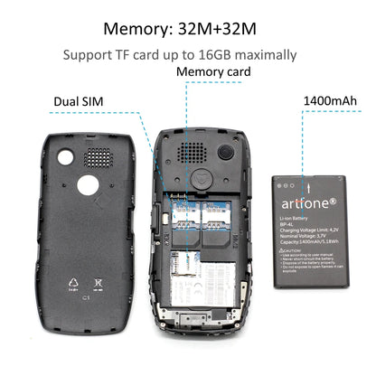 Artfone C1+ Bar Senior Mobile Phone With Free Charging Dock  Big Rubber Keypad  For Elderly Dual Sim One Key SOS FM 1400mAh
