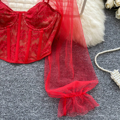 Women Chic Lace Mesh Sheer  Long Sleeve Backless Crop Top Solid Slim Sexy Korean Fashion Summer Women Shirt Square Collar