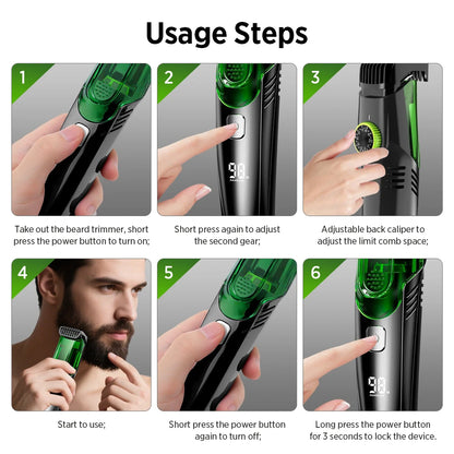 Cordless Men Beard Trimmer Rechargeable Electric Shaver Vacuum Hair Clipper For Mustache Sideburns Waterproof Shaving Machine